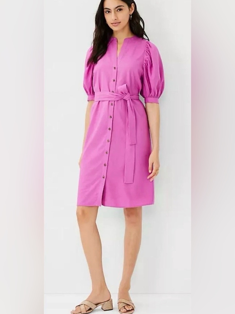 Ann Taylor Pink Linen Blend Shirt Dress L Puff Sleeve Belted Button Front NWT